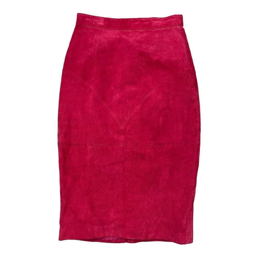 Vintage Women G -III Red Suede Leather Pencil Skirt Size 11 Sexy Buttons On Back